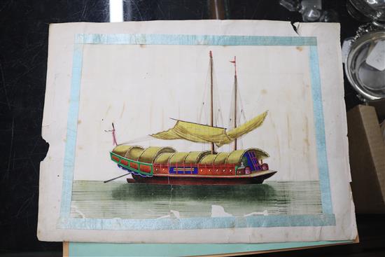 Seven 19th century Chinese pith paintings, five depicting junk boats and two flowers